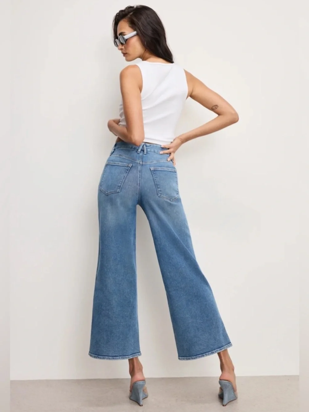 Good American Jeanius Good Skate High Waist Crop Wide Leg Jeans Light Indigo 14